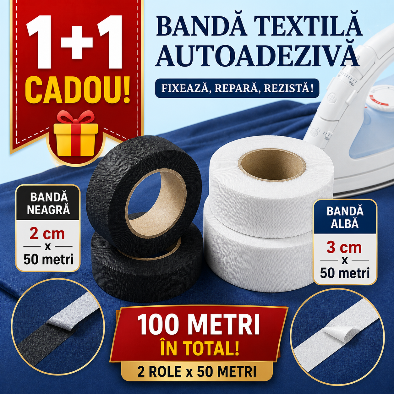 Bandă Textilă Tivuri - 1 ALBĂ x 50M +1 NEAGRĂ x 50M 🎁