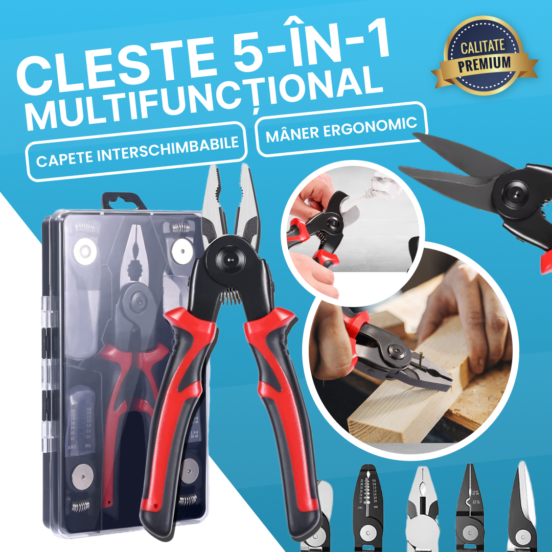 Clește Multifuncțional 5-în-1 cu Capete Interșanjabile și Mâner Ergonomic