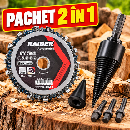 Pachet 2 în 1 – Disc pentru Tăierea Lemnului 125 mm + Burghiu Conic pentru Despicat Lemne 42 mm