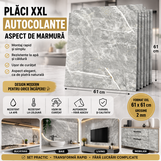Plăci XXL Autocolante cu Aspect de Marmură – 61 × 61 cm