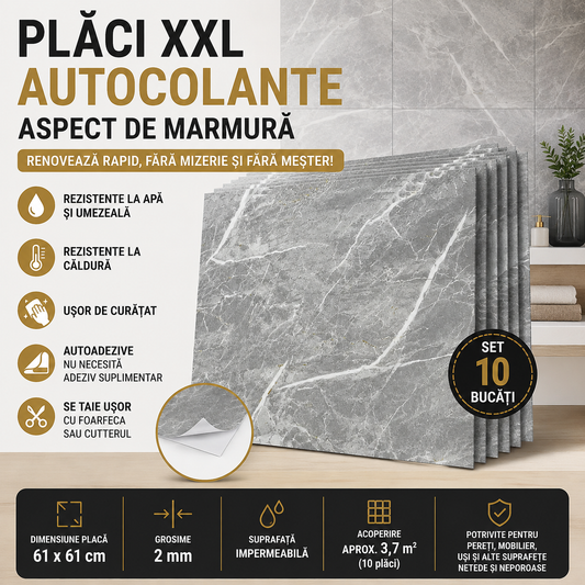 Plăci XXL Autocolante cu Aspect de Marmură – 61 × 61 cm