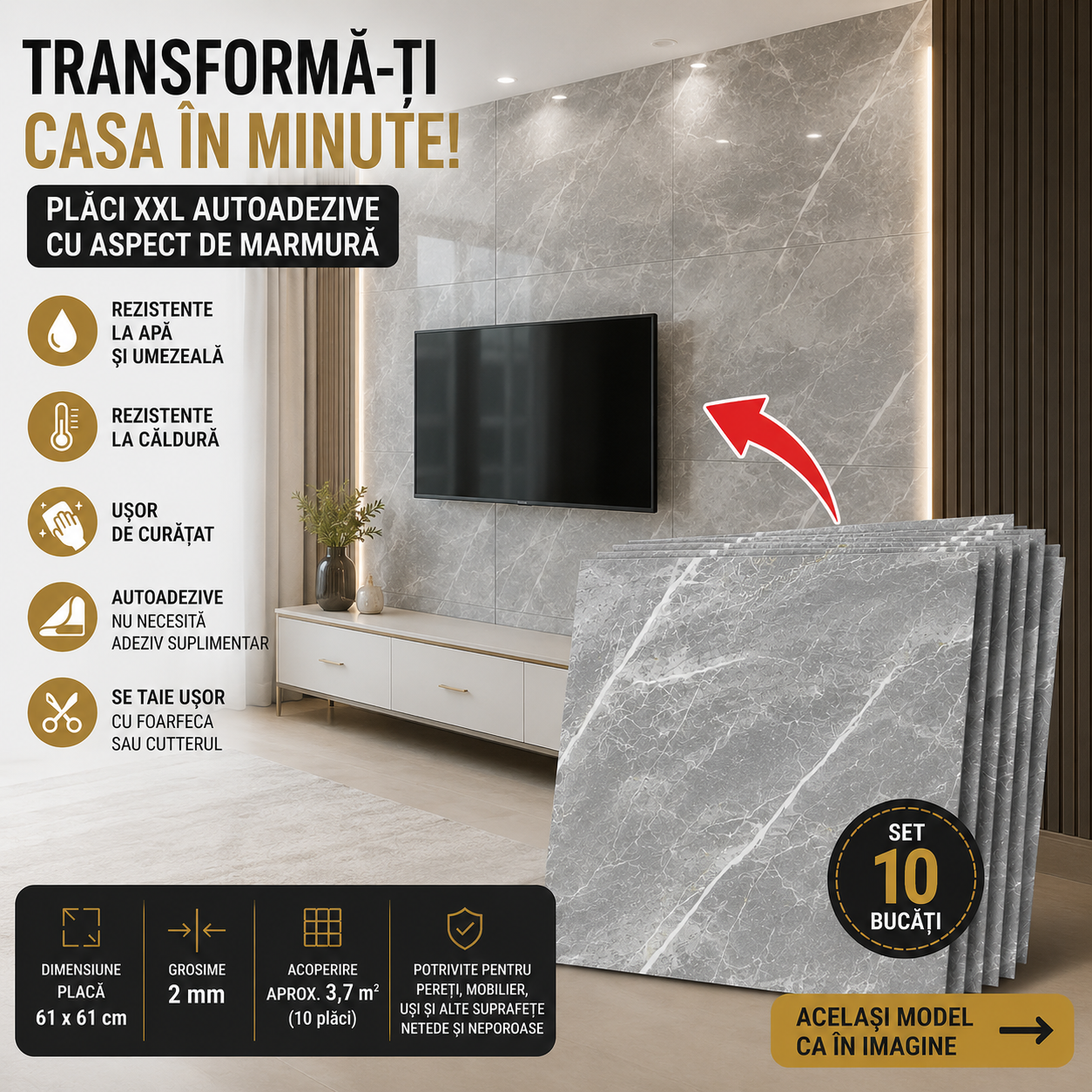 Plăci XXL Autocolante cu Aspect de Marmură – 61 × 61 cm