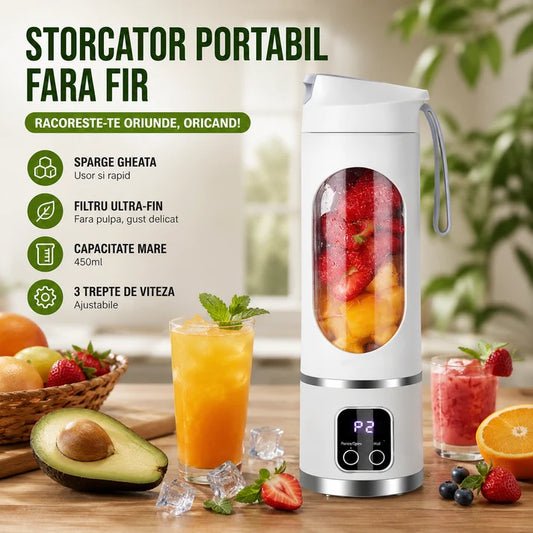 Mini Blender Electric Portabil 450 ml – 12 Lame, 3 Viteze, USB & Auto-Curățare