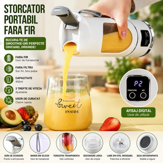 Mini Blender Electric Portabil 450 ml – 12 Lame, 3 Viteze, USB & Auto-Curățare