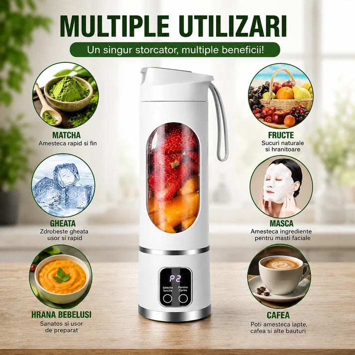 Mini Blender Electric Portabil 450 ml – 12 Lame, 3 Viteze, USB & Auto-Curățare