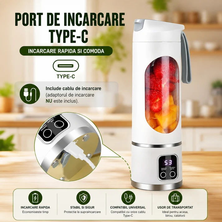 Mini Blender Electric Portabil 450 ml – 12 Lame, 3 Viteze, USB & Auto-Curățare