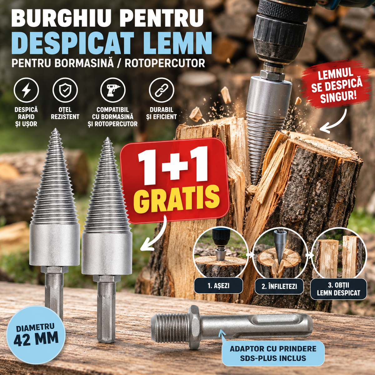 OFERTĂ 1+1 GRATIS: Burghiu pentru despicat lemn Ø42 mm