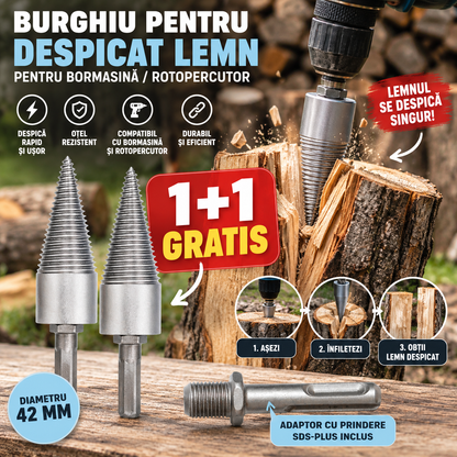 OFERTĂ 1+1 GRATIS: Burghiu pentru despicat lemn Ø42 mm