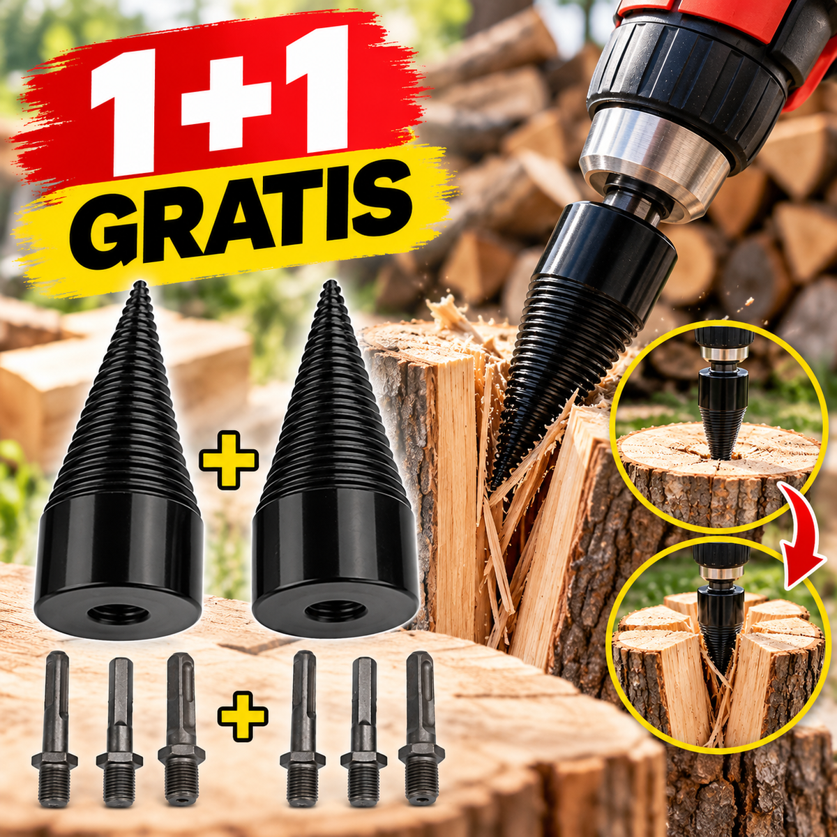 1+1 GRATIS Burghiu Conic pentru Despicat Lemne, 42 mm, cu Adaptoare pentru Bormasina