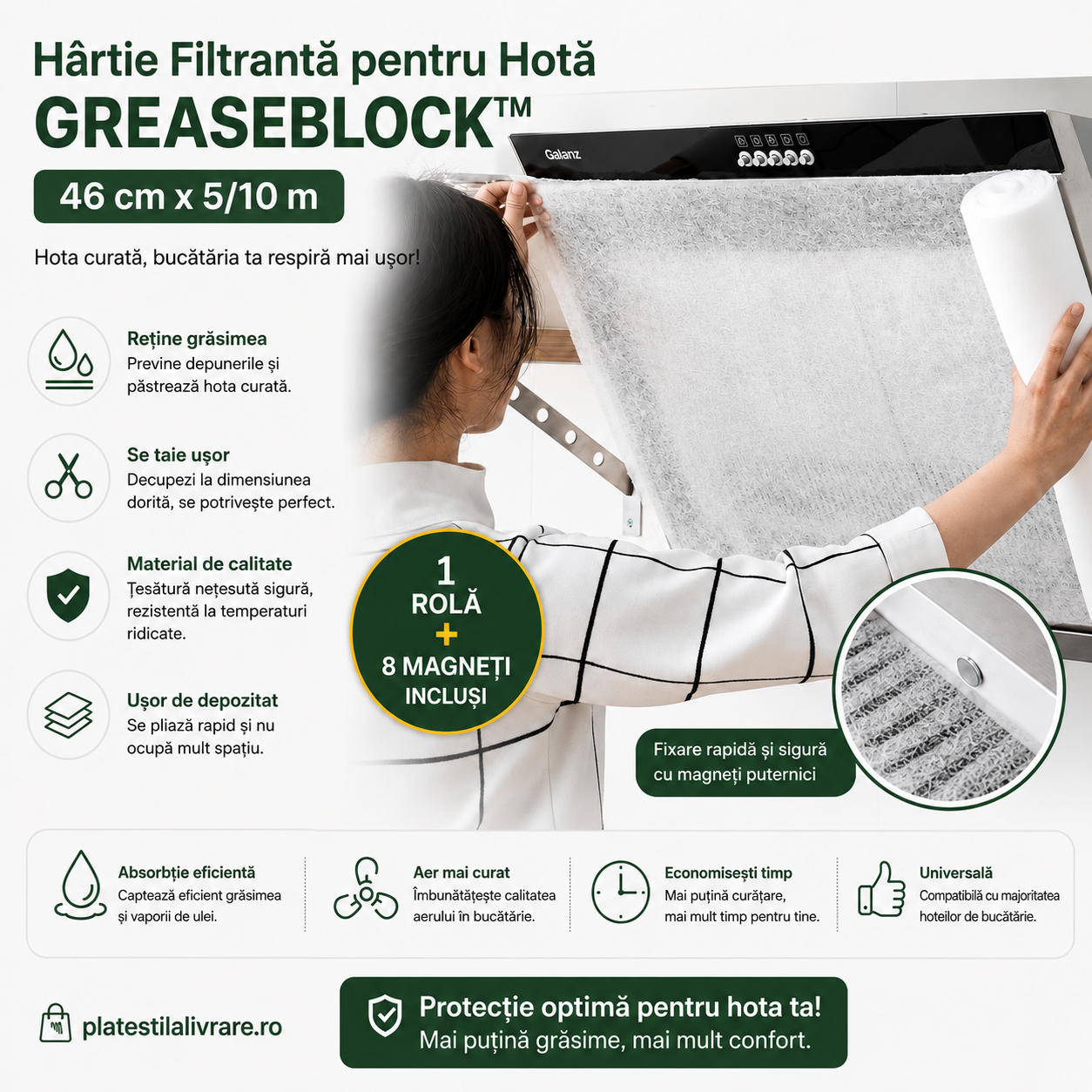 Hârtie Filtrantă pentru Hotă GREASEBLOCK™ 46 cm x 5/10 m