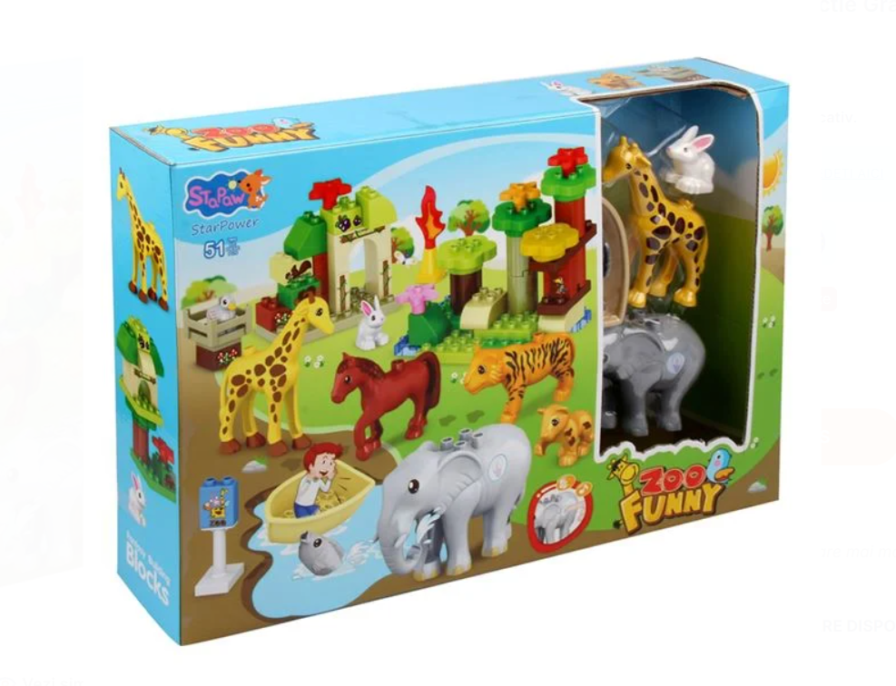 Set de Construcție Grădină Zoologică pentru Copii – 51 de Piese, Cuburi Colorate și Figurine cu Animale
