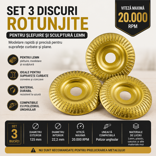 Set 3 Discuri Rotunjite pentru Șlefuire și Sculptură Lemn – Ø125 mm