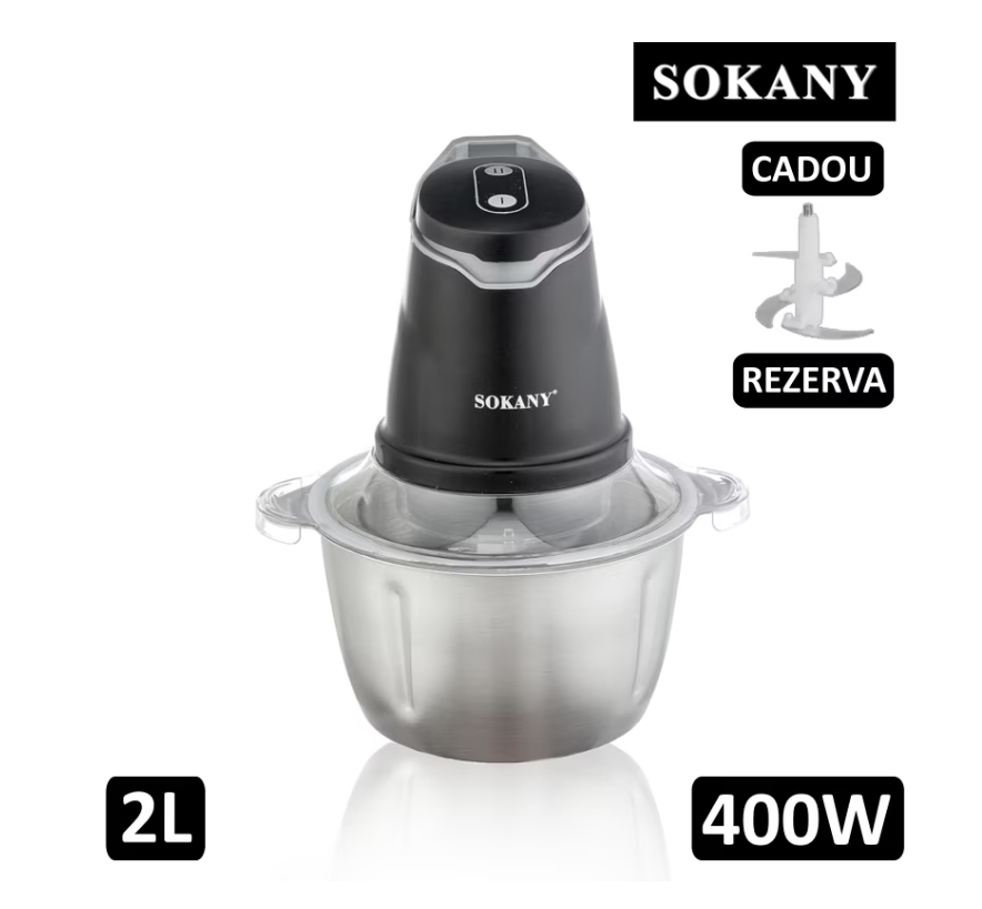 Tocător Electric Profesional Sokany, Bol 2L Inox, 400W, 4 Lame