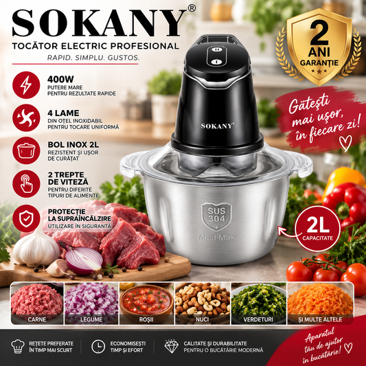 Tocător Electric Profesional Sokany, Bol 2L Inox, 400W, 4 Lame