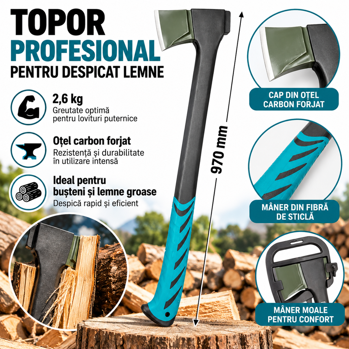 Topor profesional pentru despicat lemne – 97 cm, 2,6 kg, oțel carbon forjat