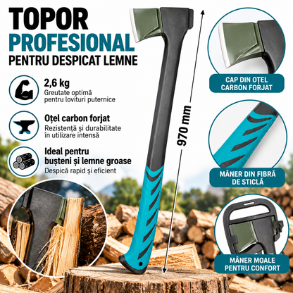 Topor profesional pentru despicat lemne – 97 cm, 2,6 kg, oțel carbon forjat